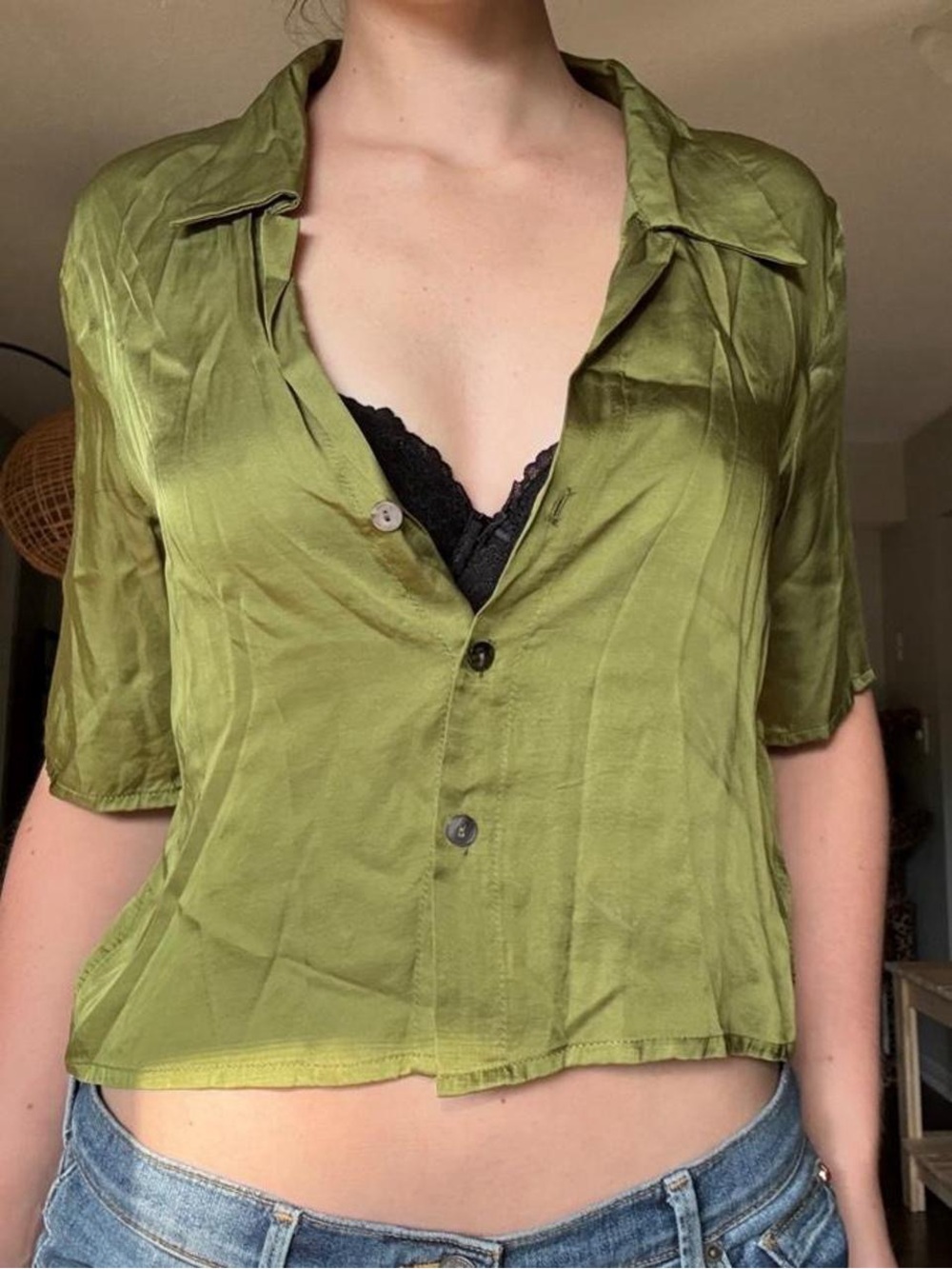 Olive Green Satin Button-Up Crop Top